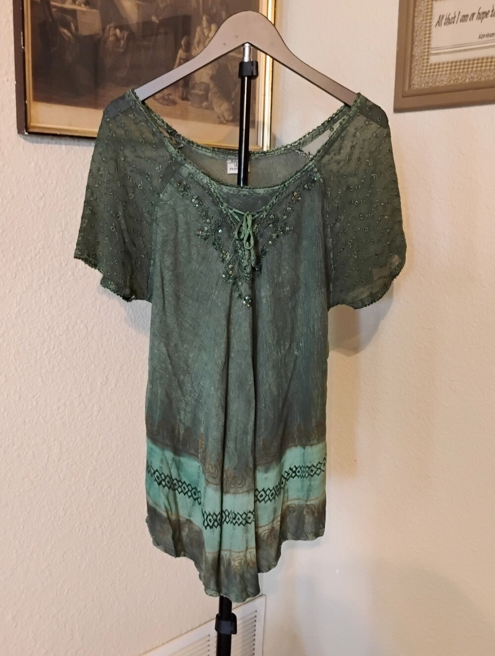 Advance Apparels Plus Size Green Renaissance Boho Embellished Lace Blouse